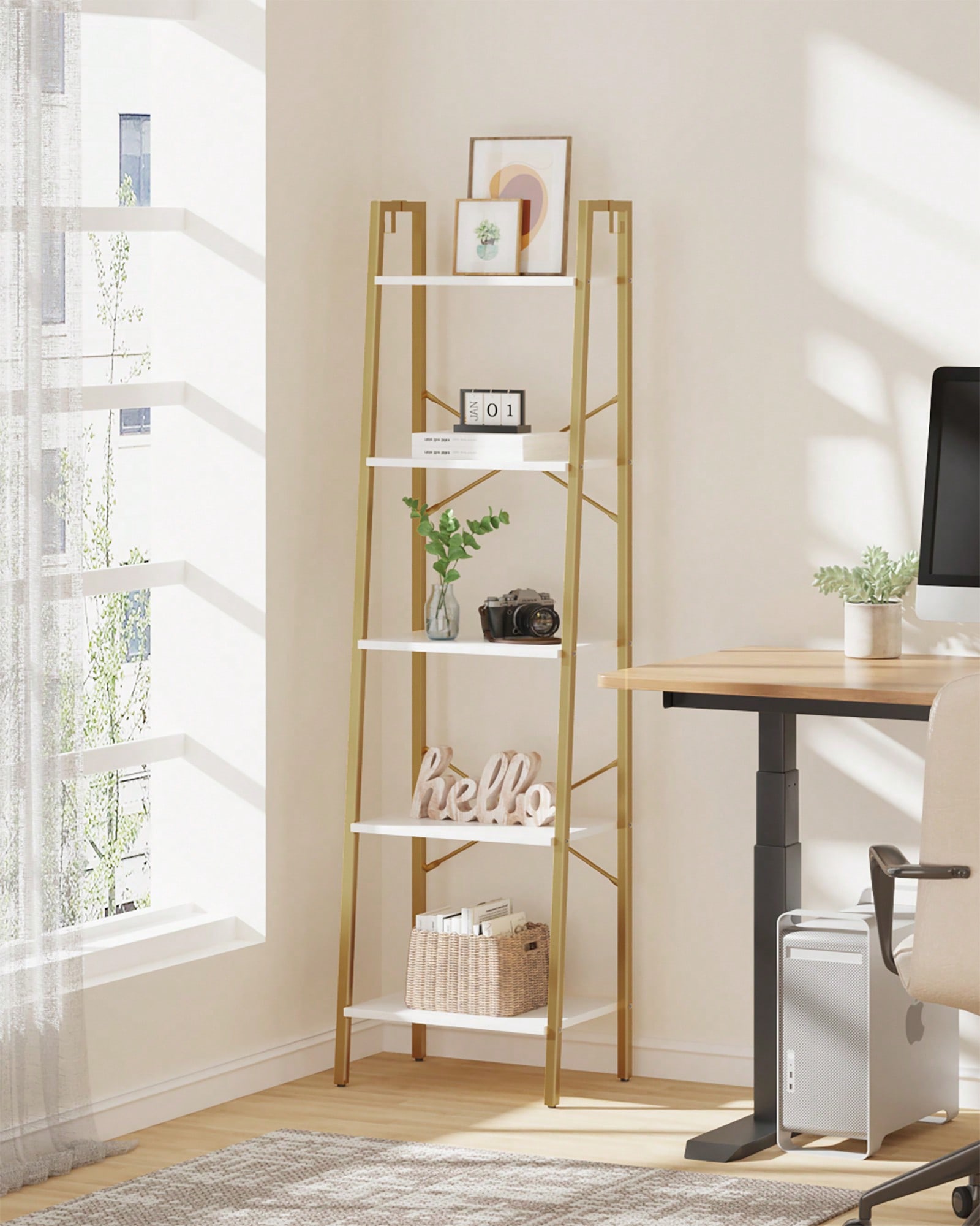 Home Office With Bookshelves - 5 Katlı Merdiven Rafı Modern Glam